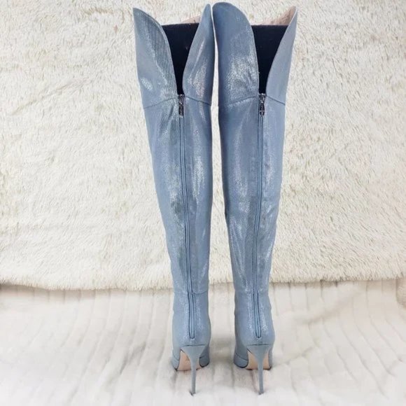 Mack J Denim Laser Hologram Fabric High Heel Split Top Thigh Boots - Picture 7 of 7